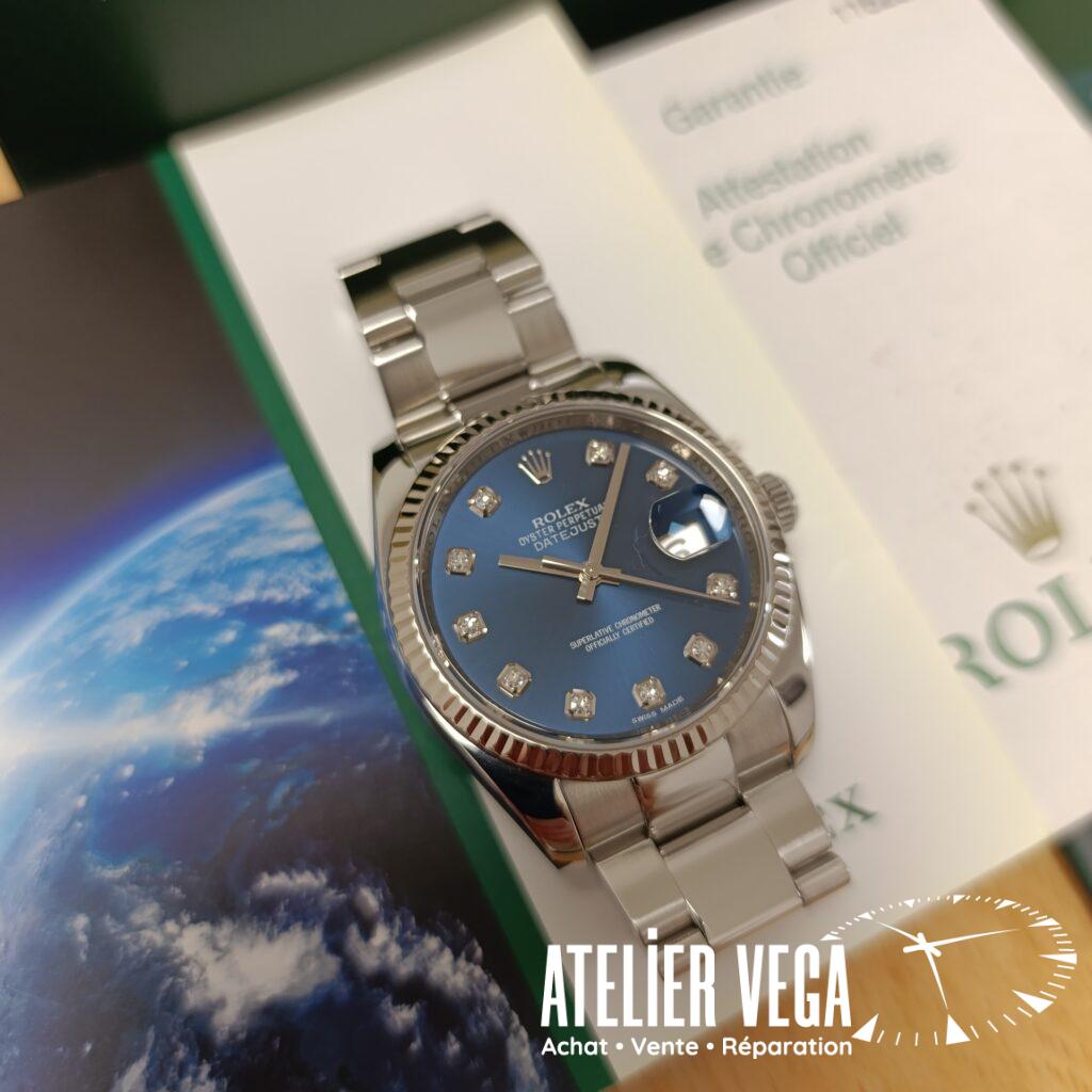 Rolex DateJust 36mm 116234 de 2007, cadran bleu, index diamants. avec boites et papiers d'origine