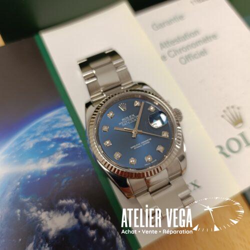Rolex DateJust 36mm 116234 de 2007, cadran bleu, index diamants. avec boites et papiers d'origine