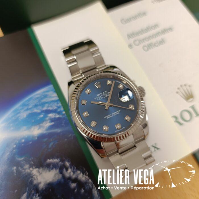Rolex DateJust 36mm 116234 de 2007, cadran bleu, index diamants. avec boites et papiers d'origine