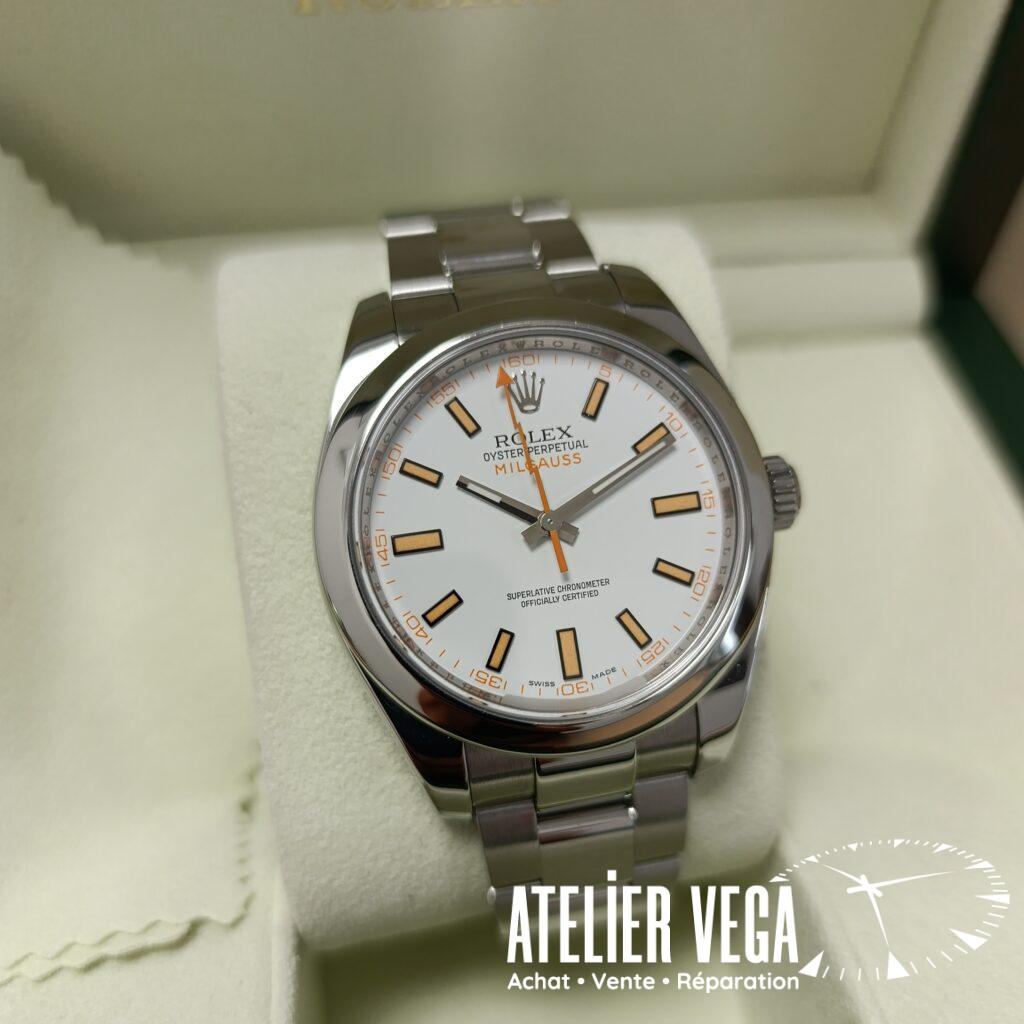 Rolex Milgauss 116400 de 2014, cadran blanc, full set, en très bon état
