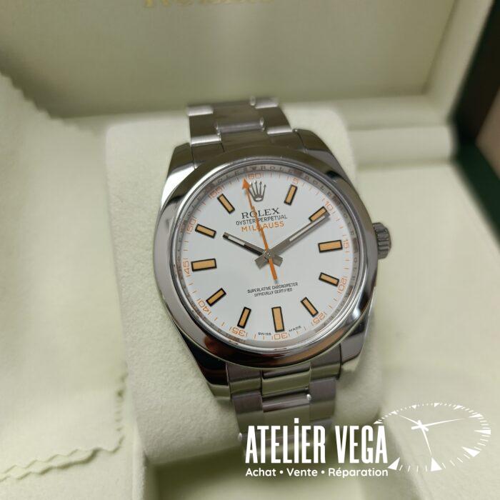 Rolex Milgauss 116400 de 2014, cadran blanc, full set, en très bon état