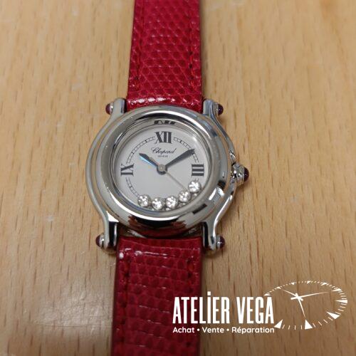 Chopard Happy Sport 26mm 27/8245-21 en très bon état 5 diamants bracelet lézard rouge