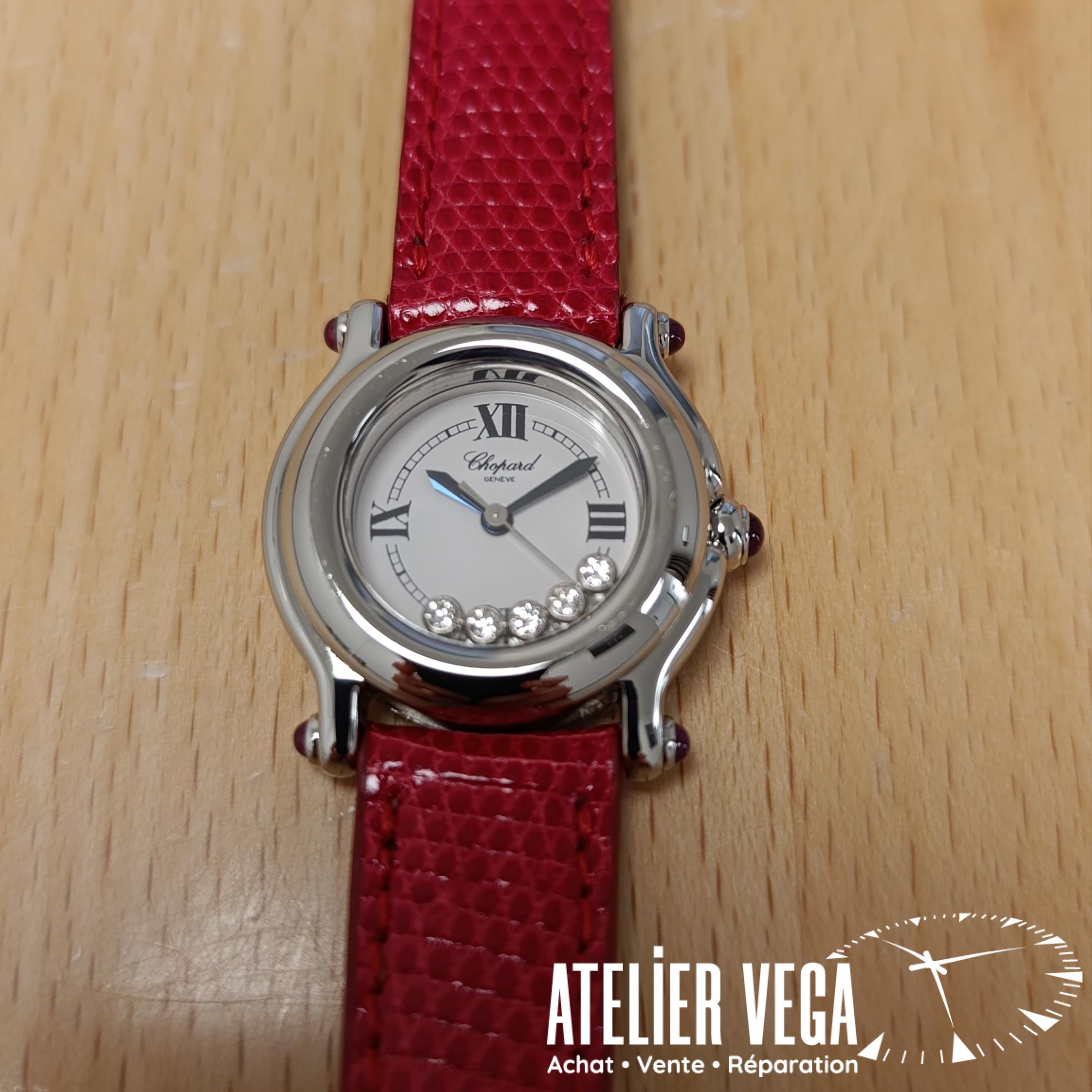Chopard Happy Sport 26mm 27/8245-21 en très bon état 5 diamants bracelet lézard rouge