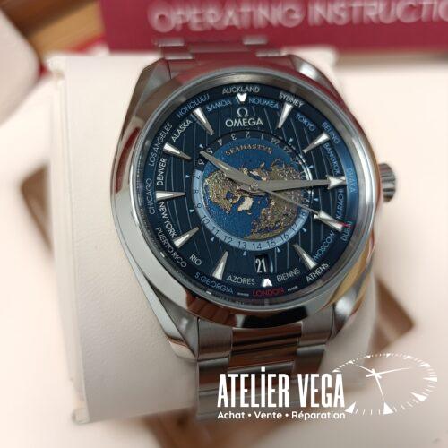 Omega Aqua Terra Worldtimer , boitier acier 43mm, bracelet acier, cadran bleu, de 2024, en très bon état